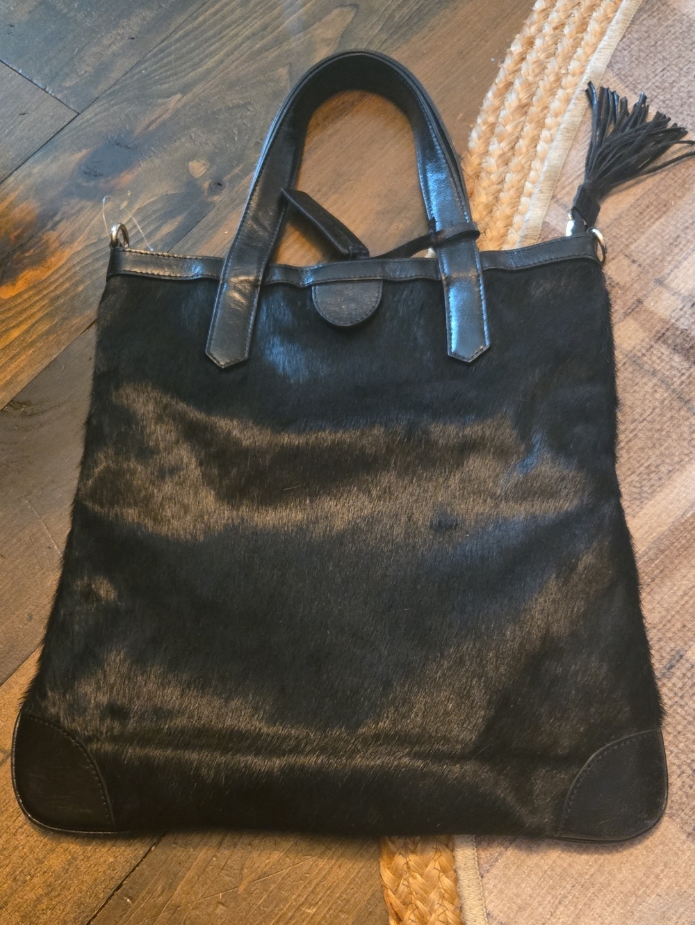 NWOT Aqua Madonna Black Calf Hair Leather Tote Bag + New Crossbody Strap - Picture 2 of 11